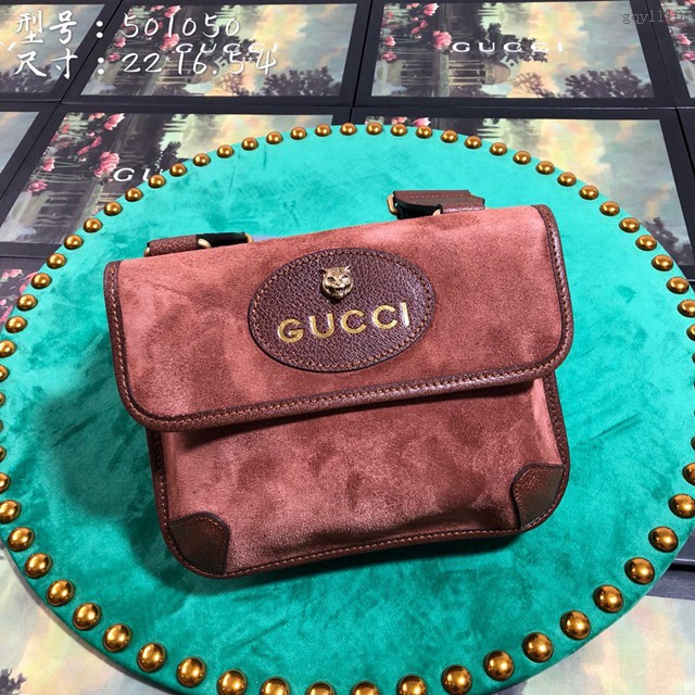 Gucci女包 501050 古馳新款啡棕色磨砂皮小斜挎包  gqy1110