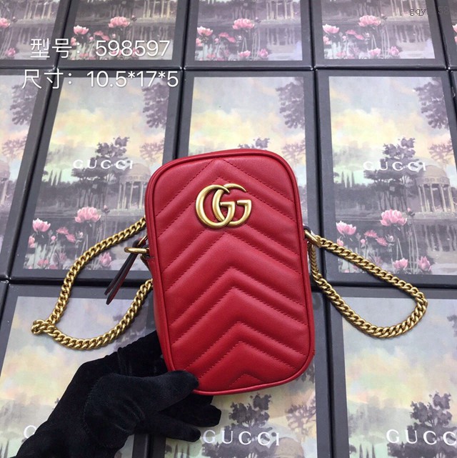 Gucci女包 598597 古馳2020新款女包 Gucci大紅色牛皮手機包  gqy1158