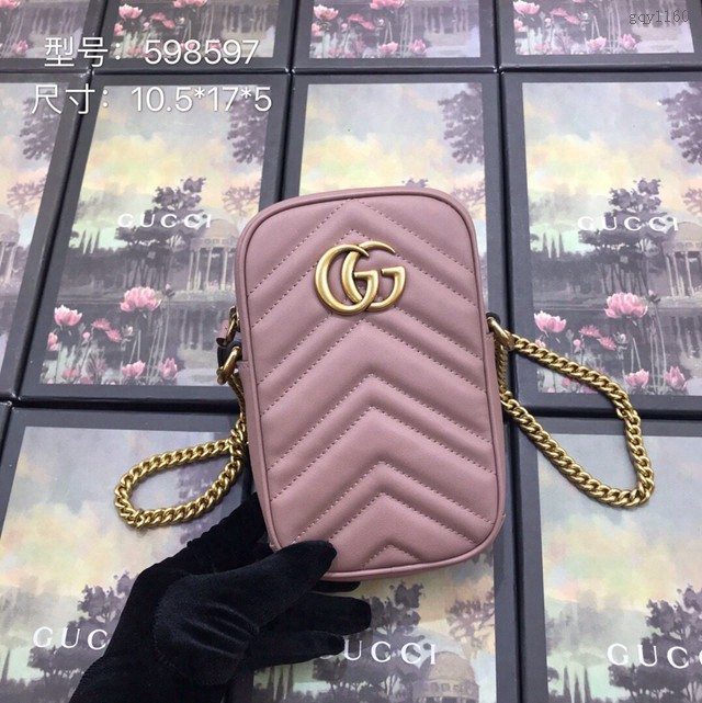 Gucci女包 598597 古馳2020新款女包 Gucci裸粉色牛皮手機包  gqy1160