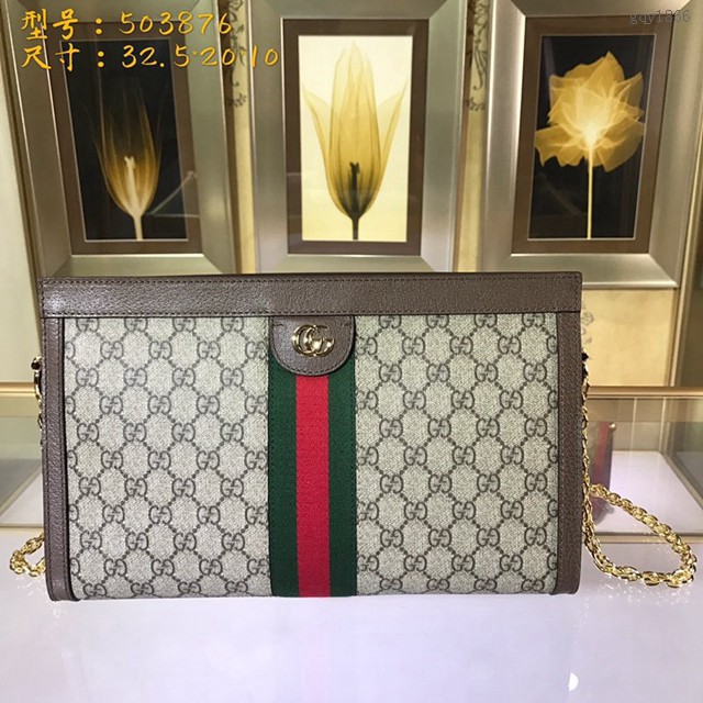 Gucci經典款女包 503876 古馳GUCCI女士紅綠織帶肩背包 棕色 Gucci鏈條單肩包  gqy1866