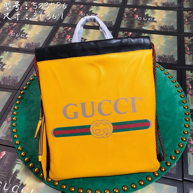 Gucci雙肩包 523586 古馳LOGO印花小號束帶背包 gucci真皮女士後背包  gqy2119