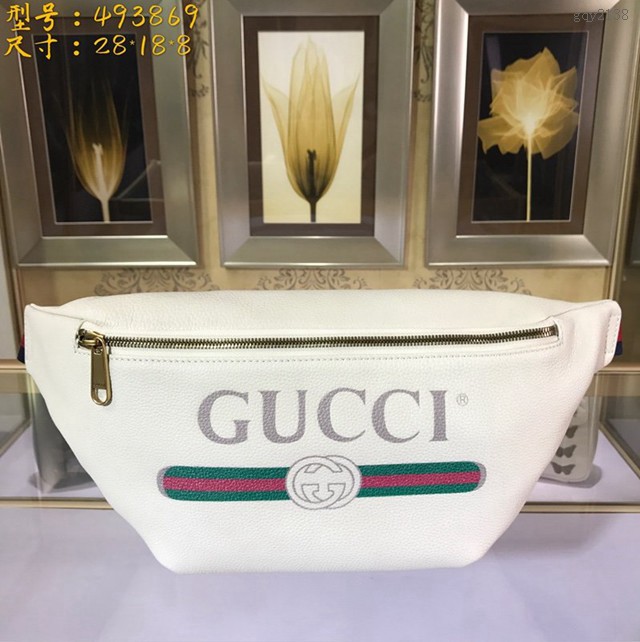 Gucci腰包 493869 古馳2020早春新款腰包 古奇時尚印花白色皮革胸包  gqy2138