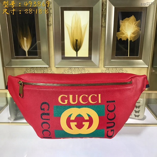 Gucci腰包 493869 古馳2020早春新款腰包 古奇時尚印花紅色皮革胸包  gqy2139