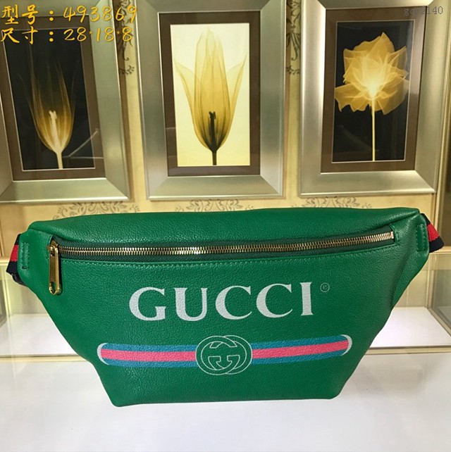 Gucci腰包 493869 古馳2020早春新款腰包 古奇時尚印花綠色皮革胸包  gqy2140