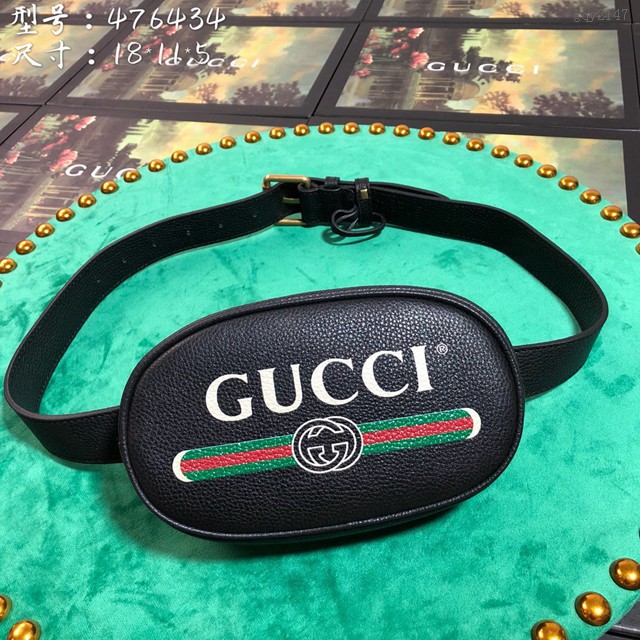 Gucci腰包 476434 古馳GG Marmont系列 GUCCI黑色全皮腰包  gqy2147