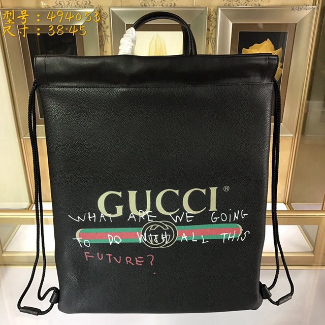 Gucci雙肩包 494053 GUCCI古奇經典款 時尚抽繩塗鴉雙肩包 古馳男士手提背包  gqy2150