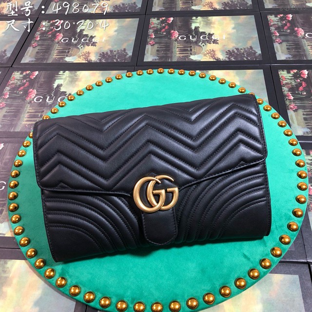 Gucci經典款女包 498079 古馳雙G Marmont系列 Gucci黑色牛皮手拿包 Gucci女士手包  gqy2449