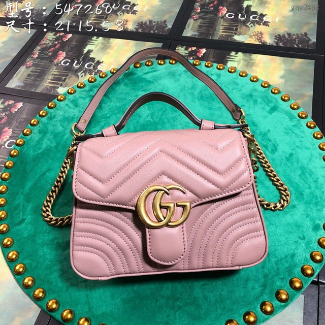 Gucci高仿專櫃女包 547260 古馳GG Marmont系列迷你手提包 Gucci裸粉色全皮翻蓋手拎肩背女包  gqy2498