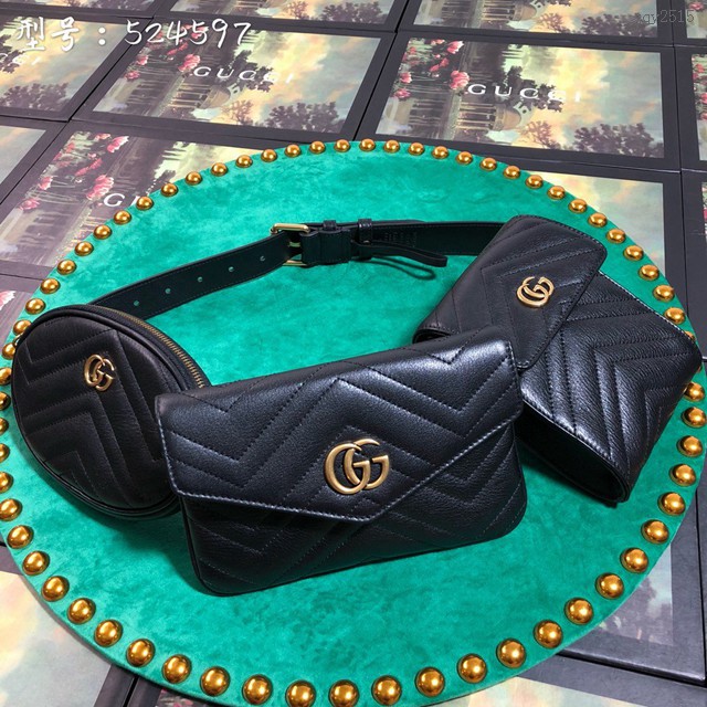 Gucci腰包 524597 古馳Gucci marmont 三合一多功能組合腰包 古奇黑色皮革女腰包  gqy2515