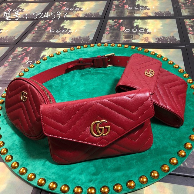 Gucci腰包 524597 古馳Gucci marmont 三合一多功能組合腰包 古奇紅色皮革女腰包  gqy2517