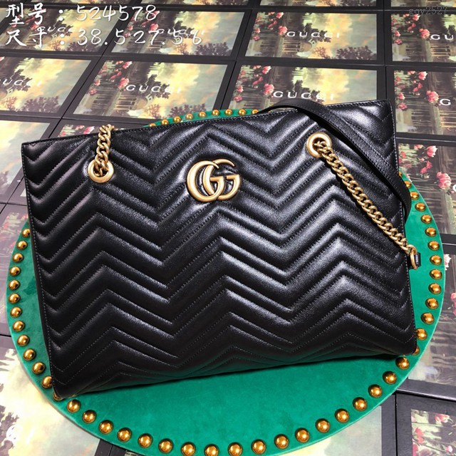 Gucci經典款女包 524578 古馳GG Marmont系列 雙G 絎縫 黑色 Gucci中號購物袋  gqy2527