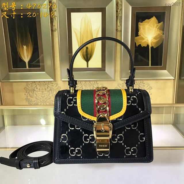 Gucci高仿專櫃女包 470270 古馳Sylvie系列迷你手袋 GG天鵝絨 Gucci手提肩背女包  gqy2687