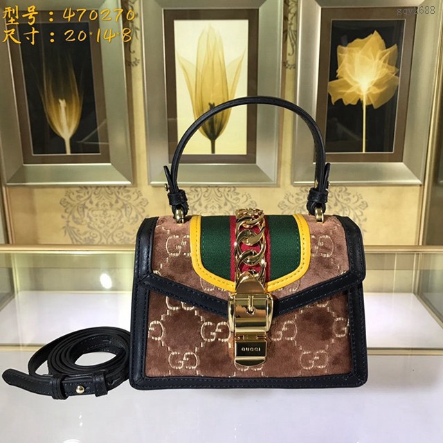 Gucci高仿專櫃女包 470270 古馳Sylvie系列迷你手袋 GG天鵝絨 Gucci手提肩背女包  gqy2688