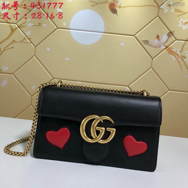 Gucci經典款女包 431777 古馳雙G大金扣 黑色光面小牛皮鏈條包 古奇女士單肩包 GUCCI斜背包  gqy2703