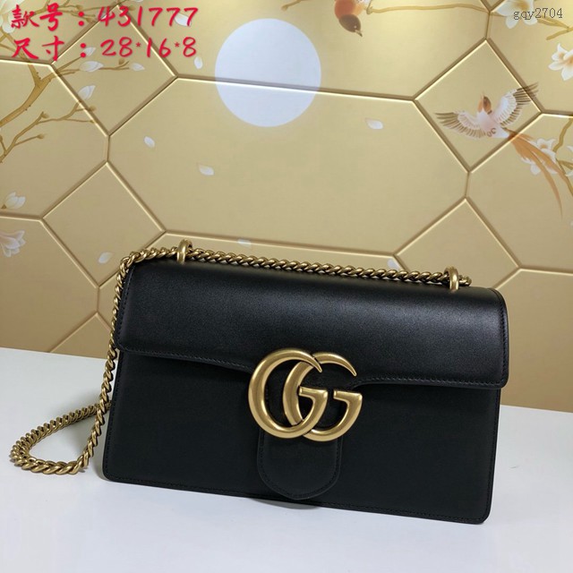 Gucci經典款女包 431777 古馳雙G大金扣 黑色光面小牛皮鏈條包 古奇女士單肩包 GUCCI斜背包  gqy2704