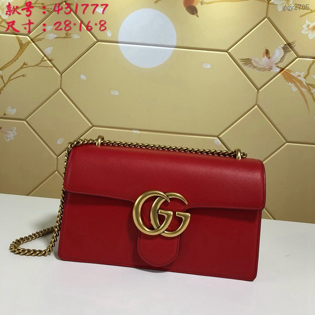 Gucci經典款女包 431777 古馳雙G大金扣 紅色光面小牛皮鏈條包 古奇女士單肩包 GUCCI斜背包  gqy2705