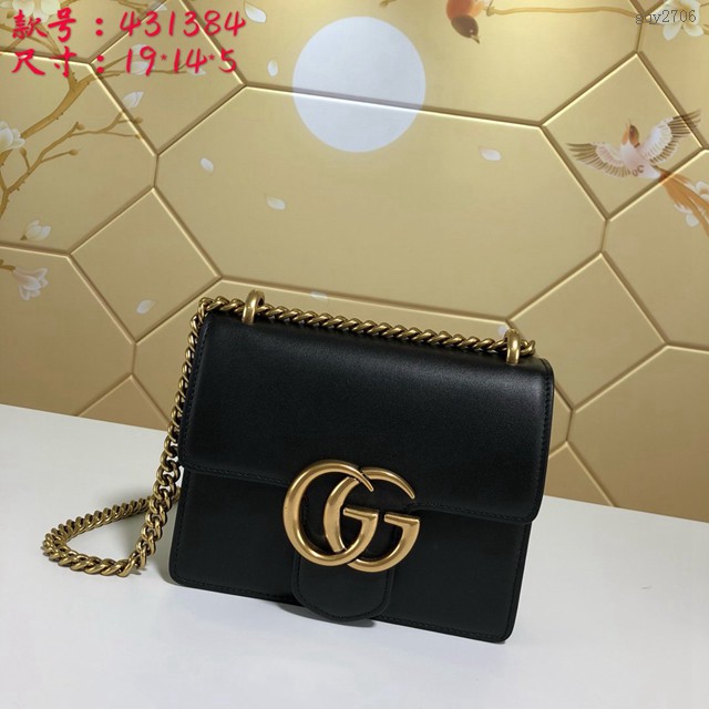 Gucci經典款女包 431384 古馳Padlock GG小號斜跨鏈條包 黑色光面小牛皮包  gqy2706