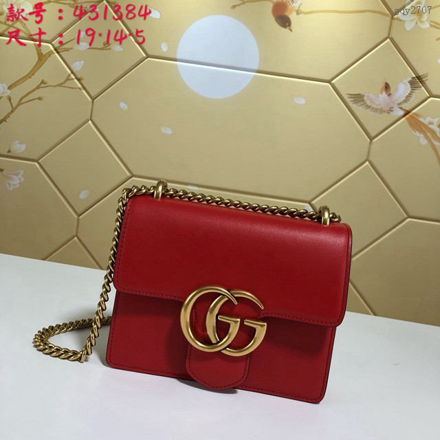 Gucci經典款女包 431384 古馳Padlock GG小號斜跨鏈條包 紅色光面小牛皮包  gqy2707