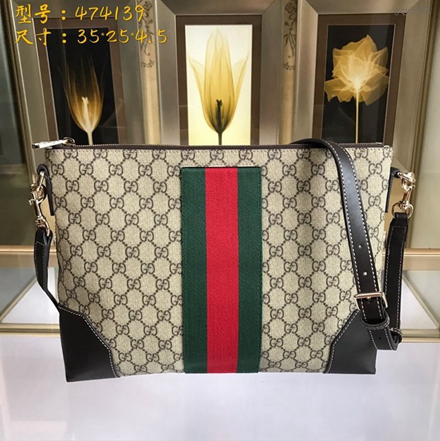 Gucci專櫃款男包 474139 古馳Gucci GG Supreme高級人造革扁平郵差包 Gucci男士單肩斜挎包  gqy3061