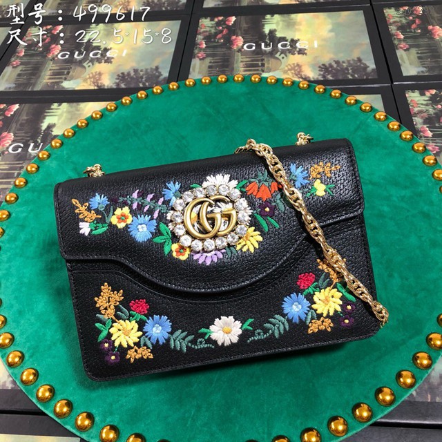 Gucci經典款女包 499617 古馳Gucci花朵貓咪刺繡單肩包 古奇全皮斜挎女包  gqy3299