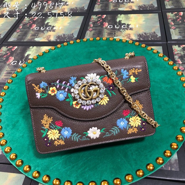 Gucci經典款女包 499617 古馳Gucci花朵貓咪刺繡單肩包 古奇全皮斜挎女包  gqy3301