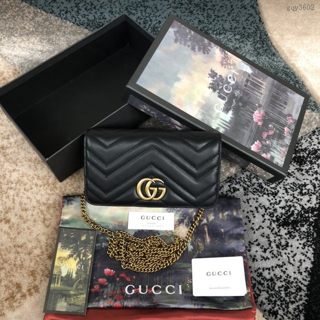 Gucci經典款女包 488426 古馳黑色全皮包 古奇GG Marmont迷你鏈條女包 Gucci斜挎小號包袋  gqy3602