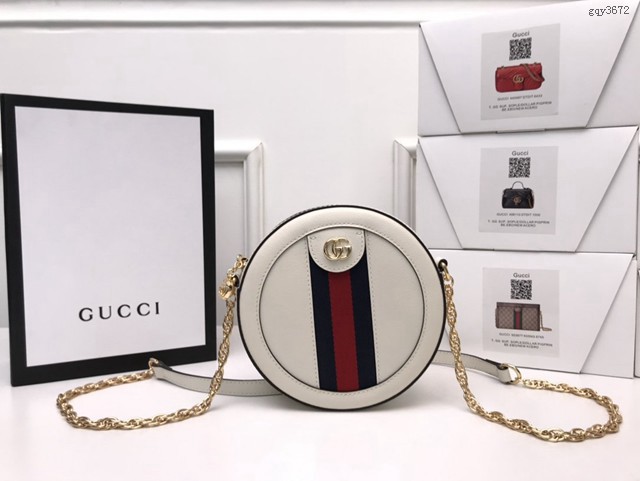 Gucci經典款女包 550618 古馳Ophida系列 GG鏈條圓餅包 Gucci白色全皮GG圓形迷你肩背包  gqy3672