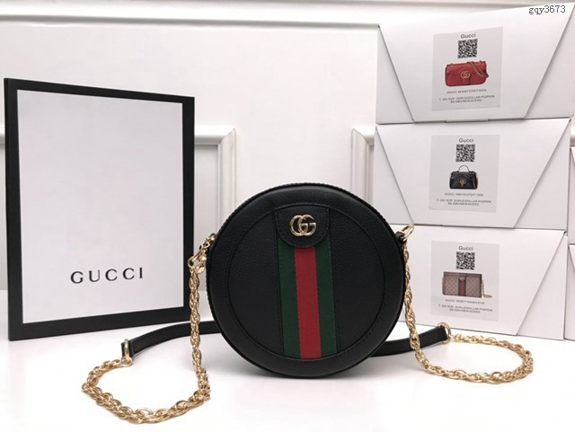 Gucci經典款女包 550618 古馳Ophida系列 GG鏈條圓餅包 Gucci黑色全皮GG圓形迷你肩背包  gqy3673