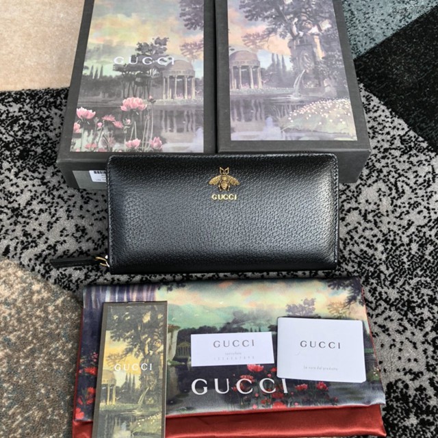 Gucci經典款錢夾錢包 523667 古馳Gucci原單蜜蜂金屬男士錢夾 克豬紋皮 黑色拉鏈長錢包  gqy3735