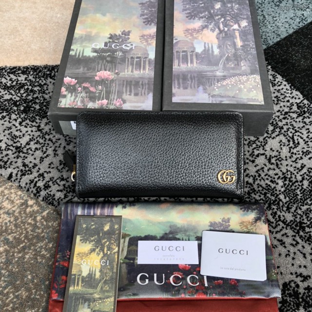 Gucci經典款錢夾錢包 428736 古馳Gucci原單GG金屬男士錢夾 克豬紋皮 黑色拉鏈長錢包  gqy3736