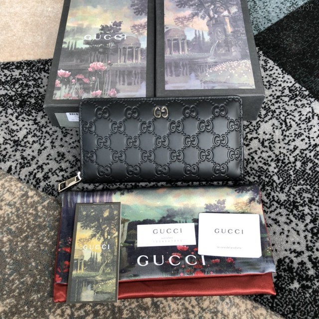 Gucci經典款錢夾錢包 473928 古馳男士新款拉鏈皮夾 黑色牛皮壓花 Gucci經典款長錢包  gqy3737