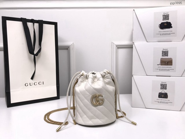 Gucci經典款女包 575163 古馳Marmont系列 藍白皮皮革絎縫肩背包 Gucci鏈條小號水桶包  gqy3895