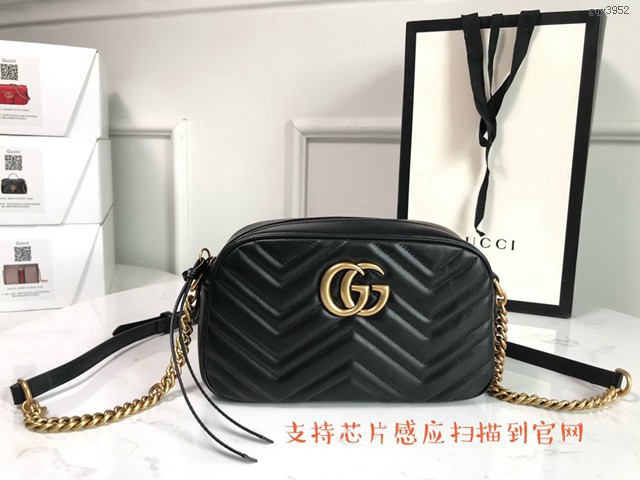 Gucci經典款女包 447632 晶片版 古馳Marmont系列 黑色皮革絎縫肩背包 Gucci鏈條單肩斜挎包  gqy3952