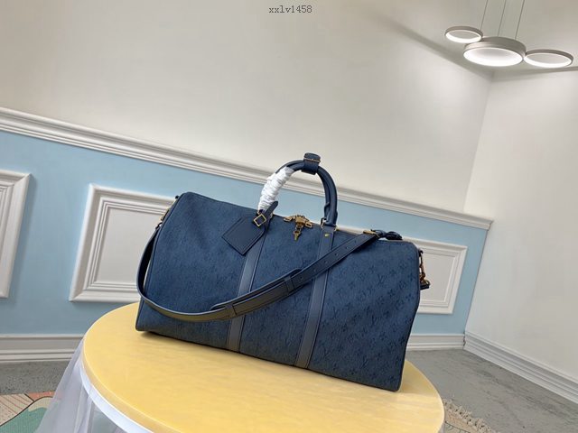 路易威登LV旅行包 LV新款男士手提旅行袋 M44645藍 KEEPALL 50旅行袋 牛仔布藍色旅行袋枕頭包 xxlv1458