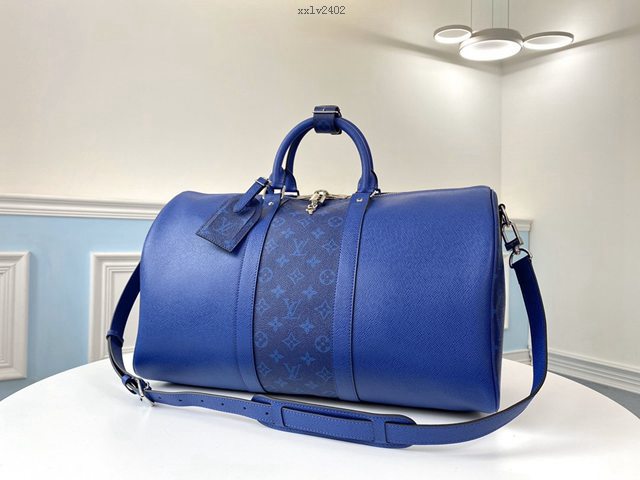 路易威登LV旅行包 M30235藍色 KEEPALL 45旅行袋 LV十字紋皮配花料旅行袋 LV男士手提旅行包 xxlv2402