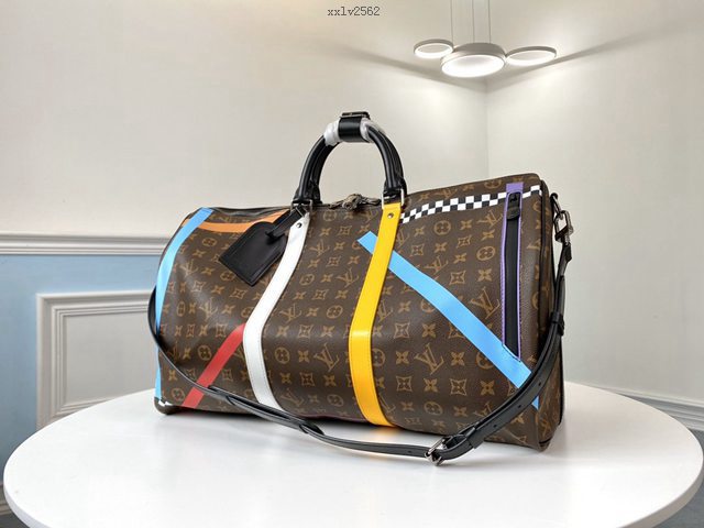 路易威登LV旅行包 M55819 KEEPALL 50旅行袋 LV老花黑皮條紋格子絲印男士旅行袋 xxlv2562