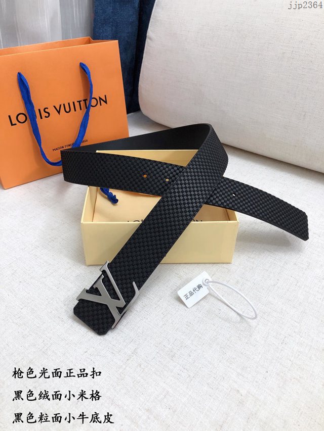 LV新款男士皮帶 路易威登粒面小牛底皮腰帶 絨面米格  jjp2364