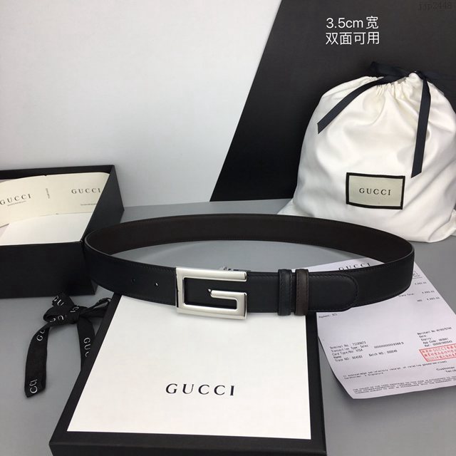 Gucci經典皮帶 古奇雙面小牛皮搭方形旋轉G帶扣腰帶  jjp2448