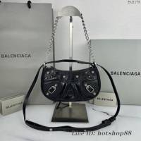 Balenciaga專櫃爆款Le Cagole單肩斜挎包機車包 巴黎世家迷你爆裂紋黑色銀扣半月牙腋下包 fyj1179