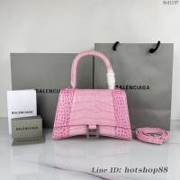 Balenciaga專櫃爆款櫻花粉鱷魚紋銀扣手提女包 巴黎世家原廠S號Hourglass沙漏包 款號：8895 fyj1197