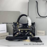 Balenciaga專櫃爆款手提女包 巴黎世家原版油蠟頭層牛皮香皮鳳梨金釘迷你機車包 fyj1338