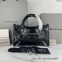 Balenciaga專櫃爆款手提女包 巴黎世家原版油蠟頭層牛皮香皮鳳梨金釘中號機車包 fyj1348