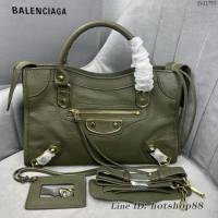 Balenciaga專櫃爆款金錠橄欖綠色義大利進口山羊皮中號機車包 巴黎世家原單經典手提機車包 fyj1763