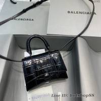 Balenciaga專櫃爆款迷你鱷魚黑配黑扣手提女包 巴黎世家mini Hourglass沙漏包 fyj1931