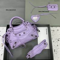 Balenciaga專櫃爆款油蠟紫色銀扣手提女包 638515 巴黎世家Neo cagole機車包 fyj2004