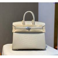 Hermes專櫃經典款鱷魚皮包 愛馬仕birkin25冰川白美洲鱷魚皮銀扣全手工 ttd1514