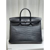 Hermes專櫃Birkin40CM手提男女包 愛馬仕非洲尼羅鱷鱷魚黑扣蠟線手工縫製鉑金包 zhh1041