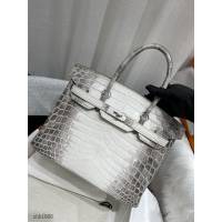 Hermes專櫃鉑金手提女包 愛馬仕Birkin30喜馬拉雅白尼羅鱷蜜蠟線全手工縫製手袋 zhh1088